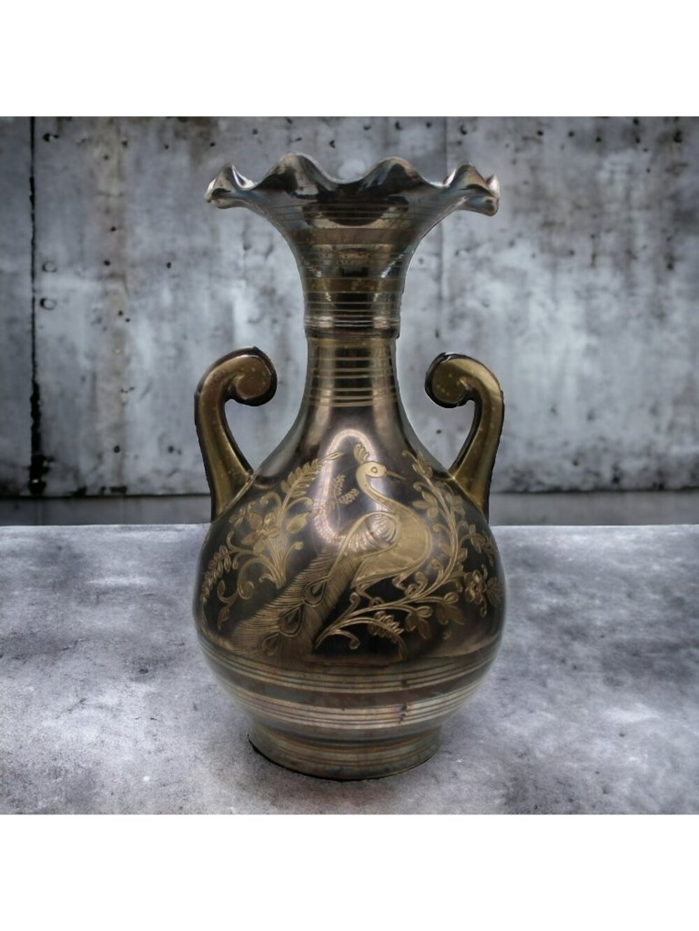 Vintage Solid Brass Vase Handles Etched Peacock & Inverted Heart Ruffled Top